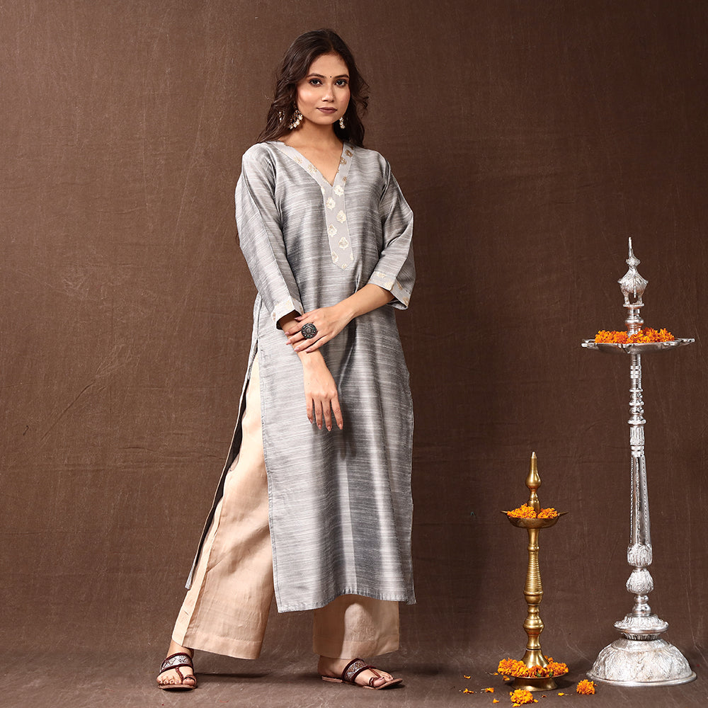 Buy Gray Silk Plain Long Kurta Online l iTokri.com