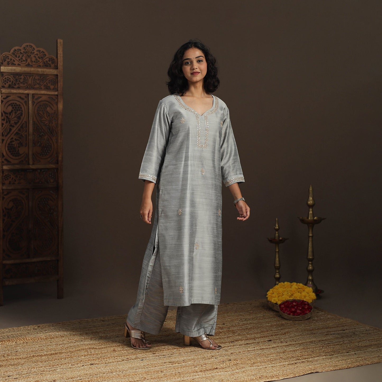 Grey - slub silk gota work straight plain kurta 07