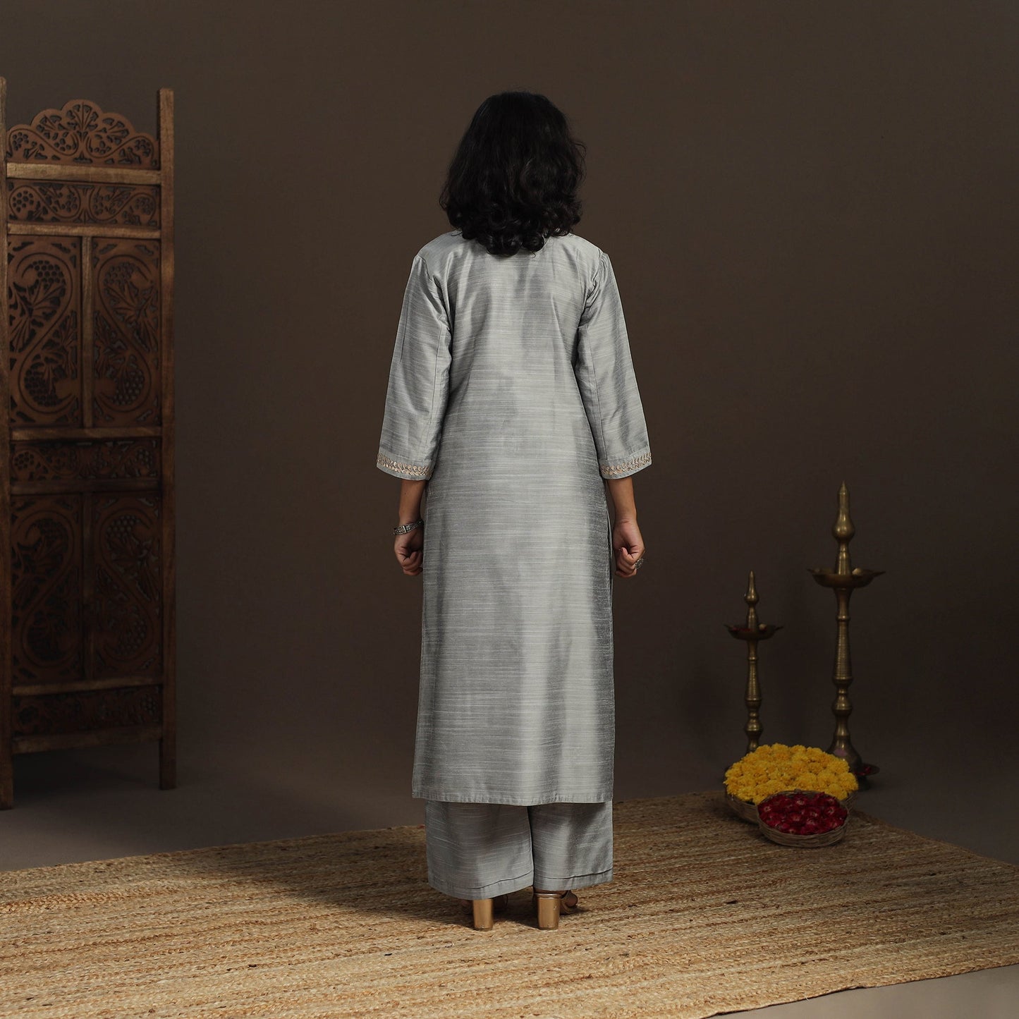 Grey - slub silk gota work straight plain kurta 07