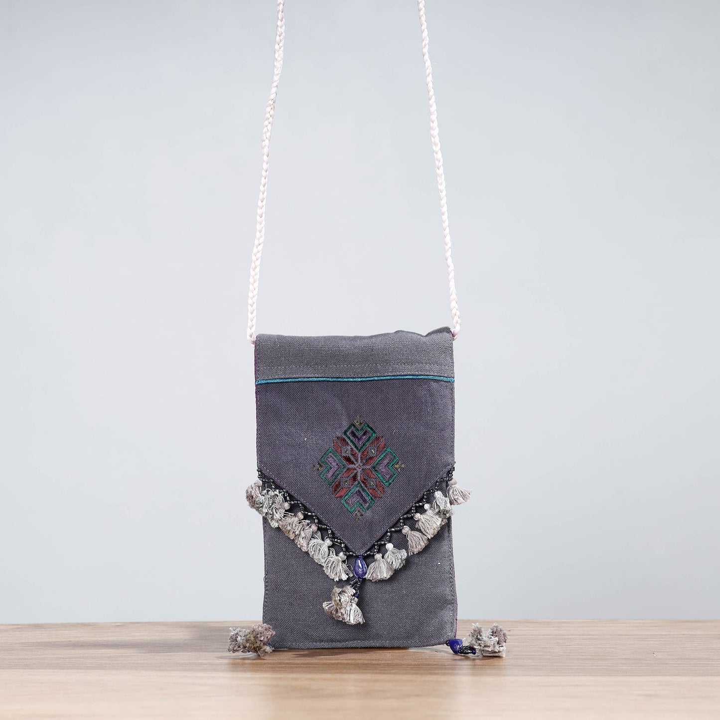 Grey Soof Hand Embroidery Sling Mobile Pouch