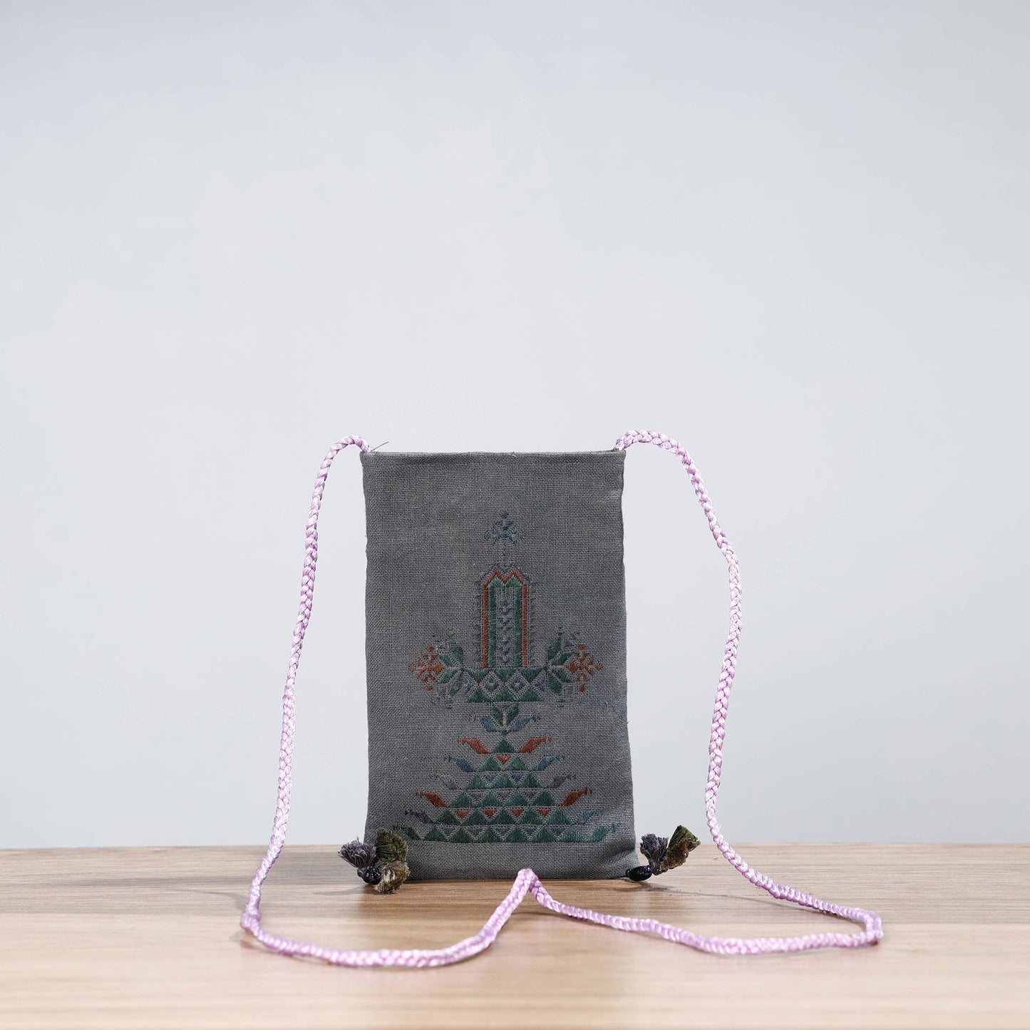 Grey Soof Hand Embroidery Sling Mobile Pouch
