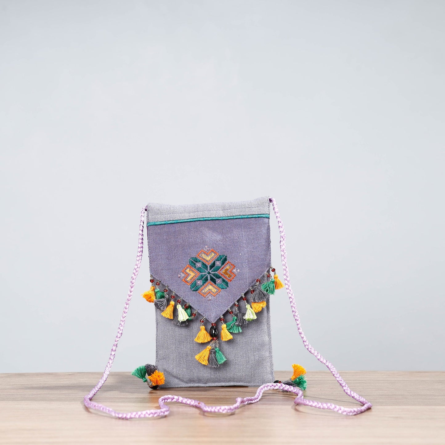 Grey Soof Hand Embroidery Sling Mobile Pouch