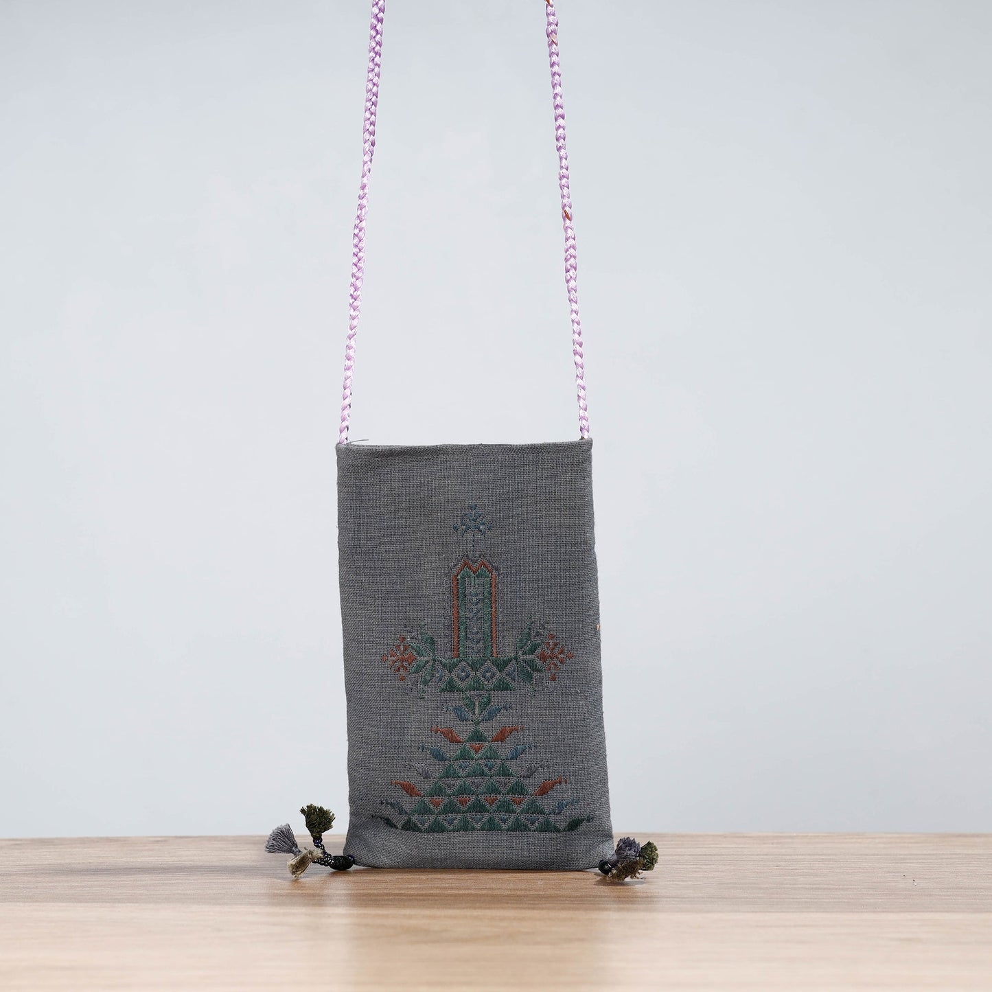 Grey Soof Hand Embroidery Sling Mobile Pouch