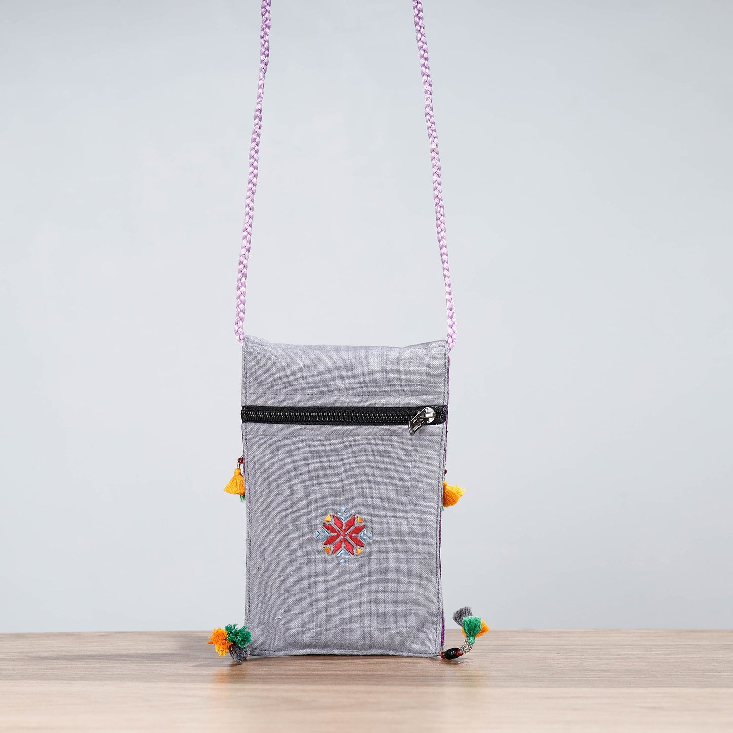 Grey Soof Hand Embroidery Sling Mobile Pouch