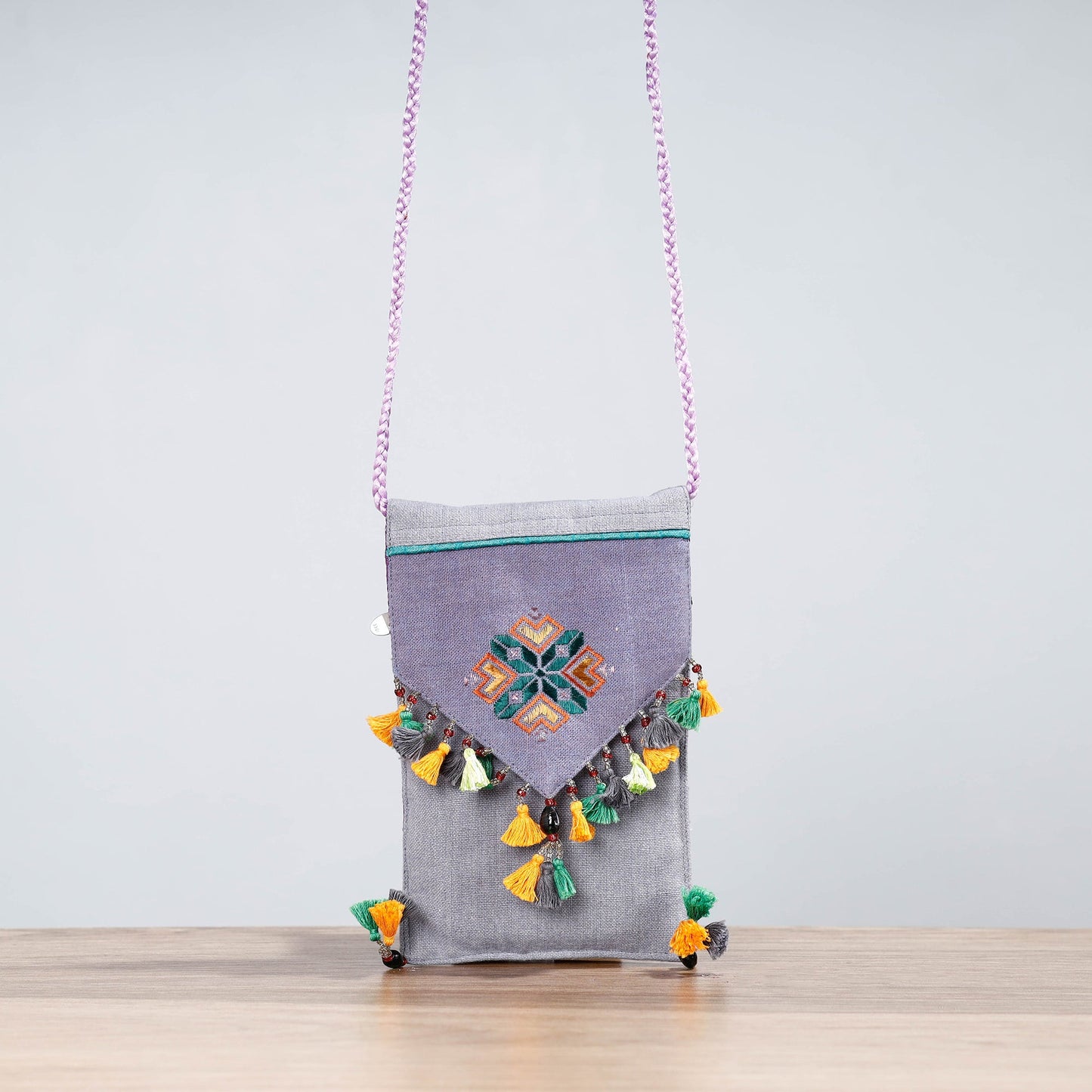 Grey Soof Hand Embroidery Sling Mobile Pouch