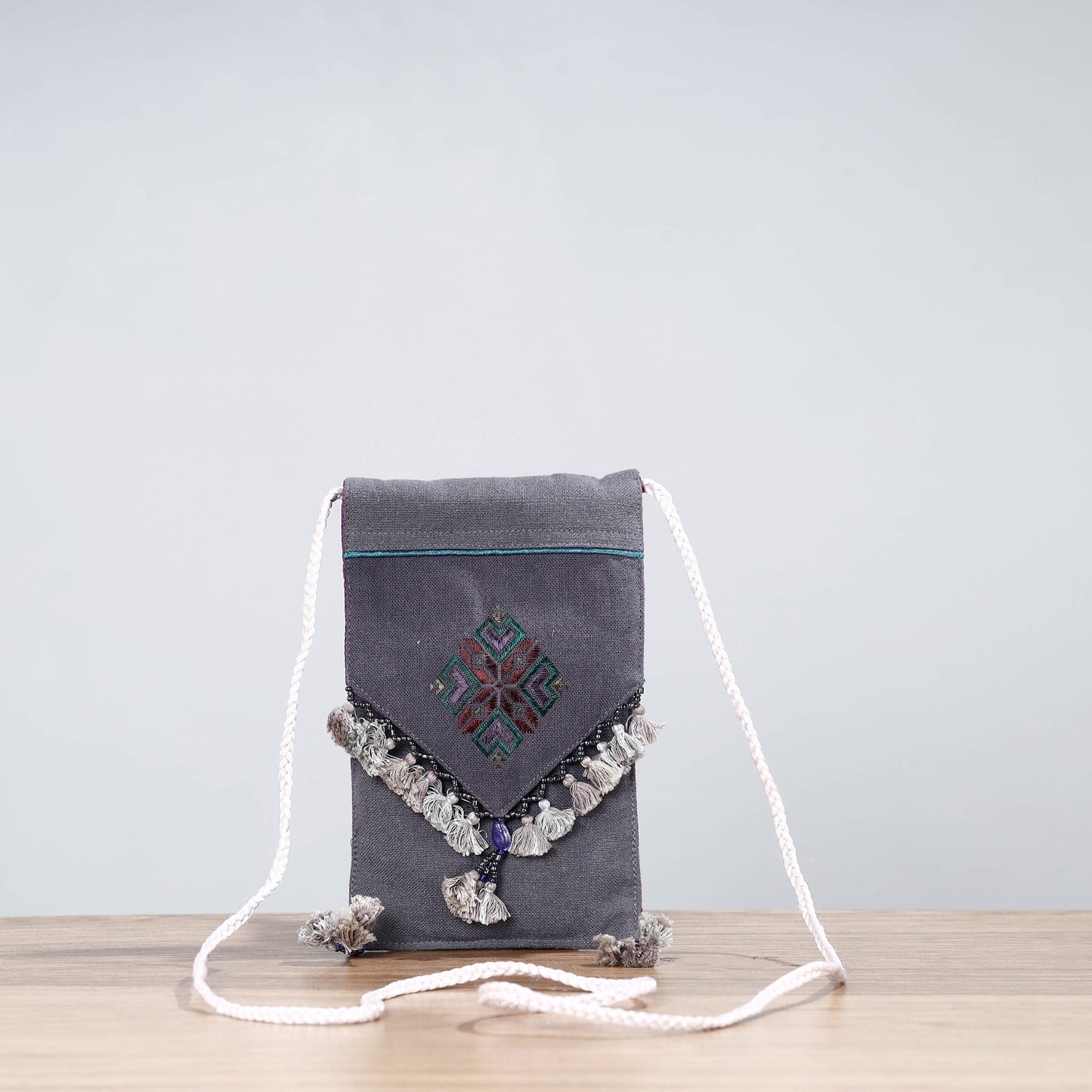 Grey Soof Hand Embroidery Sling Mobile Pouch