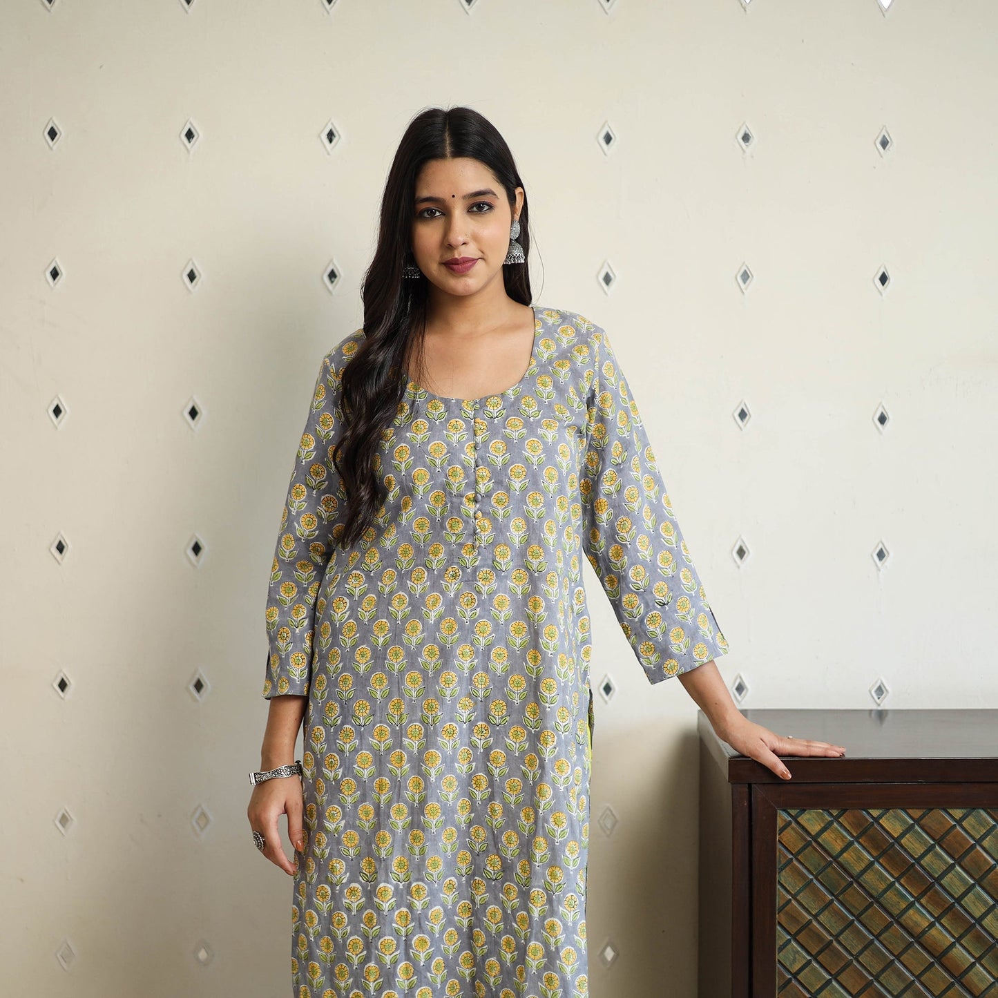 Grey Straight Cotton Block Print Sanganeri Kurta