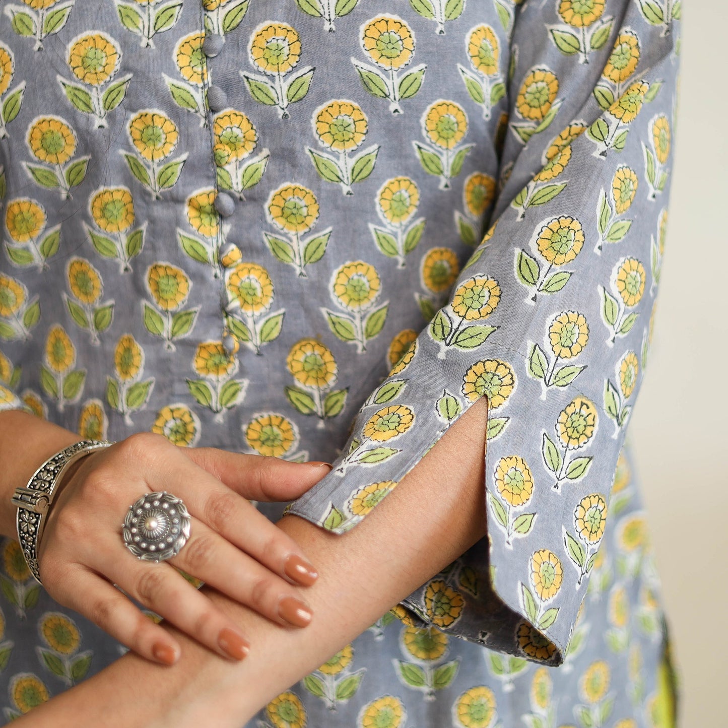 Grey Straight Cotton Block Print Sanganeri Kurta