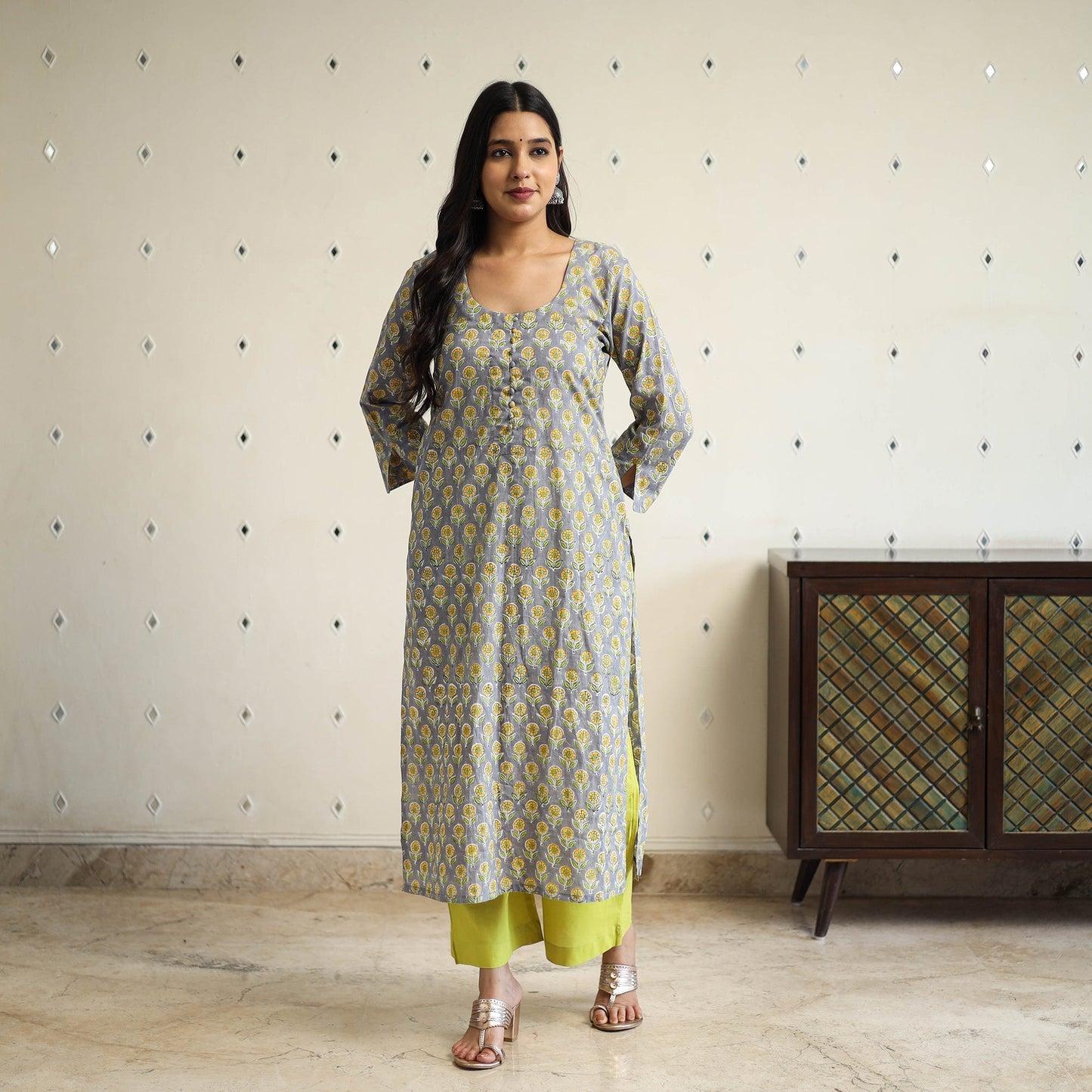 Grey Straight Cotton Block Print Sanganeri Kurta