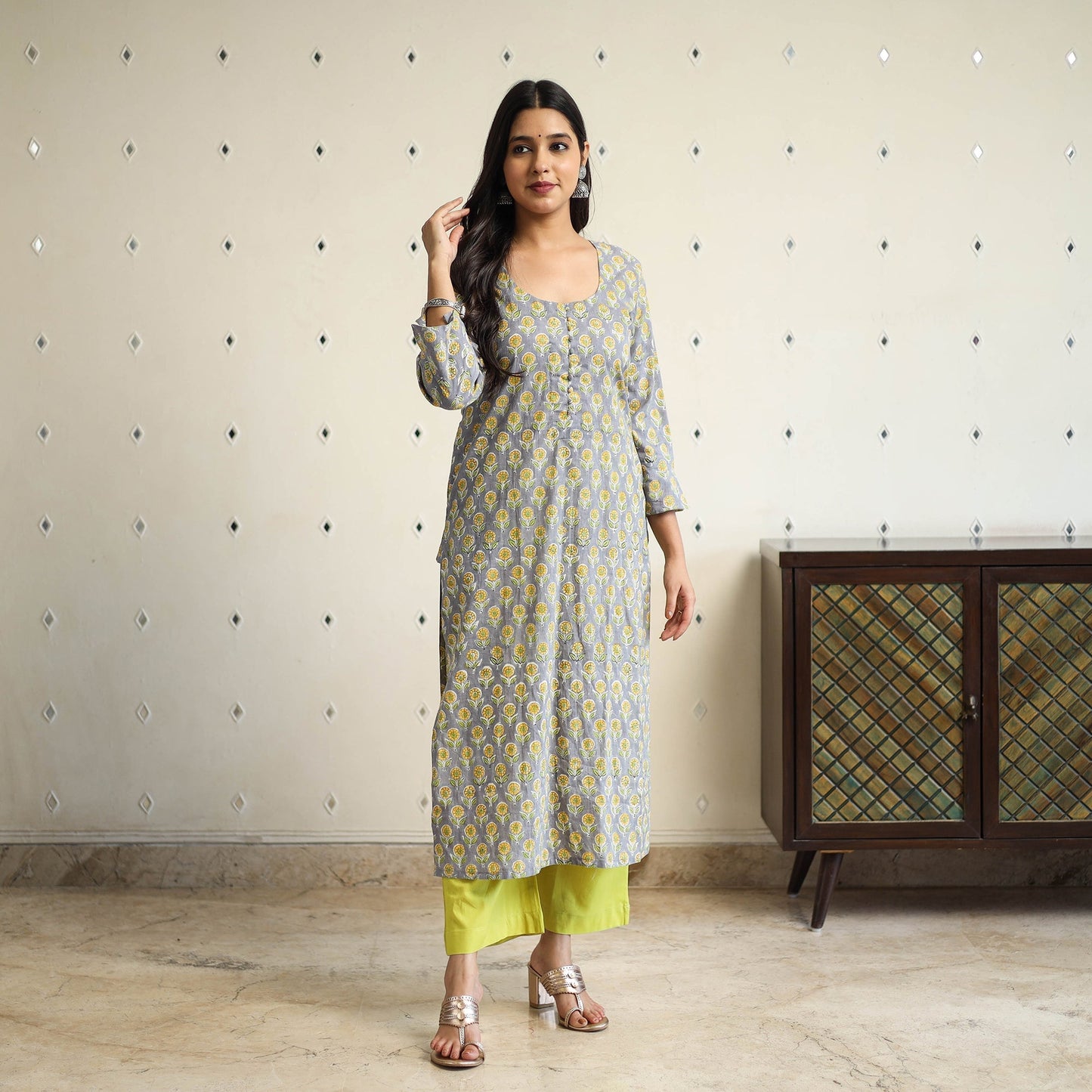 Grey Straight Cotton Block Print Sanganeri Kurta