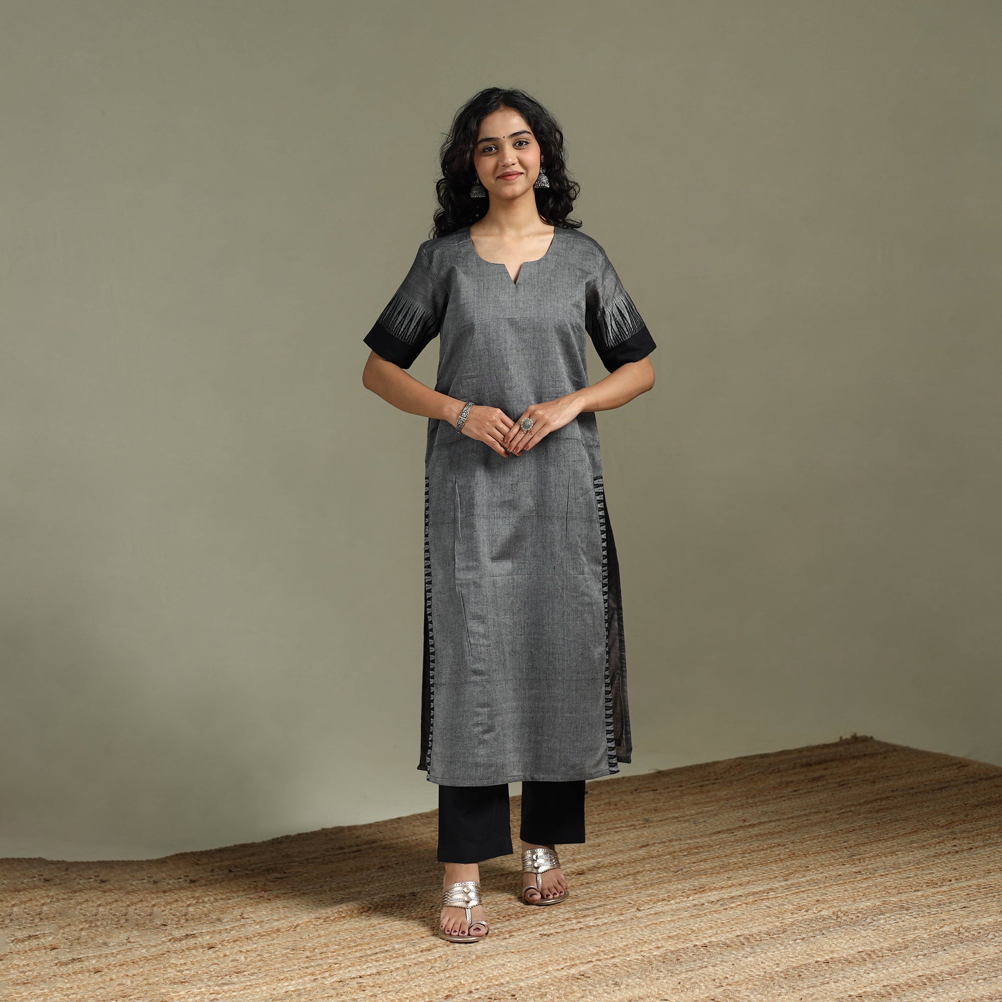 Grey - Straight Cotton Dharwad Long Kurta for women 25