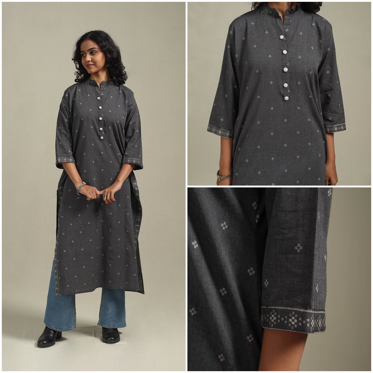 Grey - straight cotton jacquard kurta 06 - handcrafted