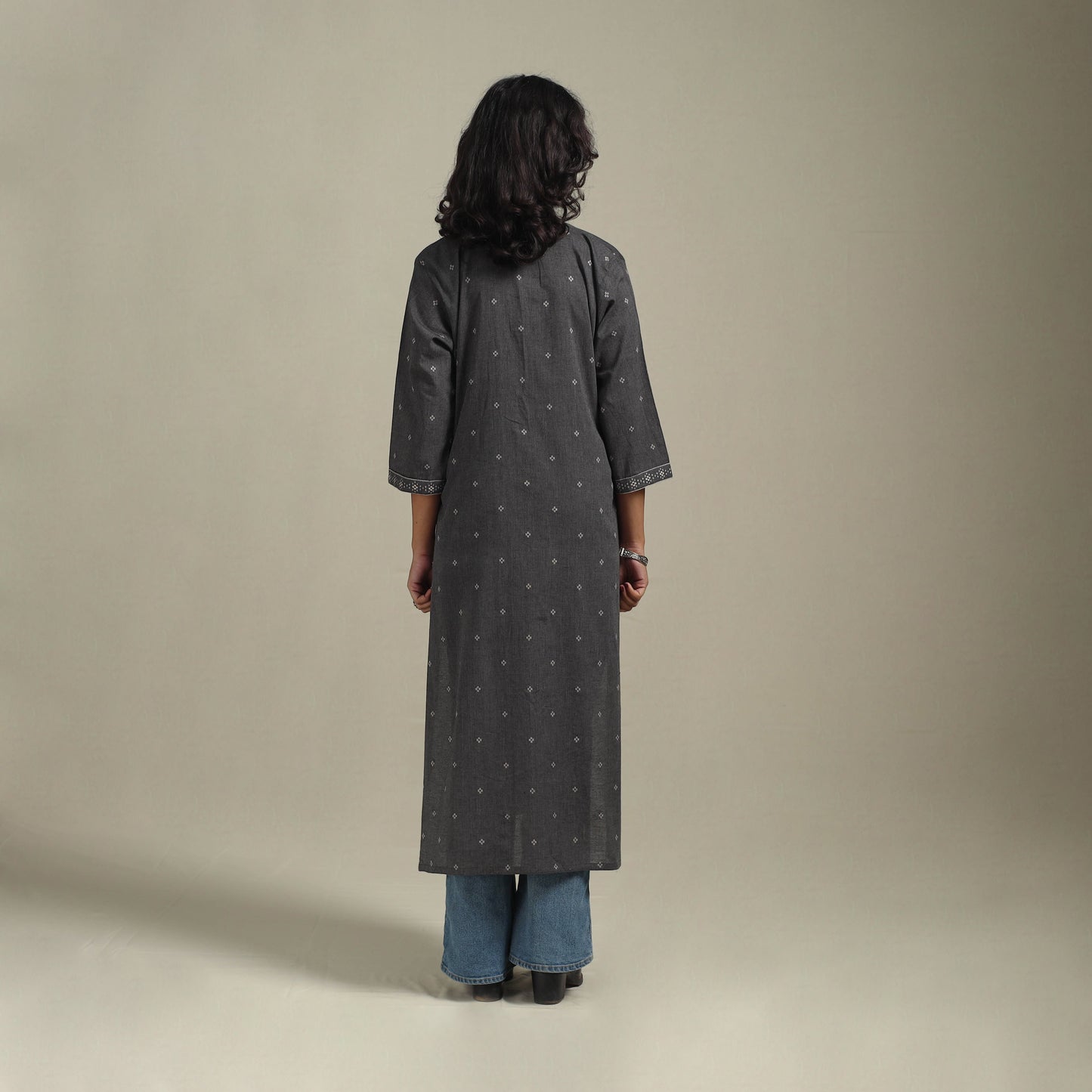 Grey - straight cotton jacquard kurta 06 - handcrafted