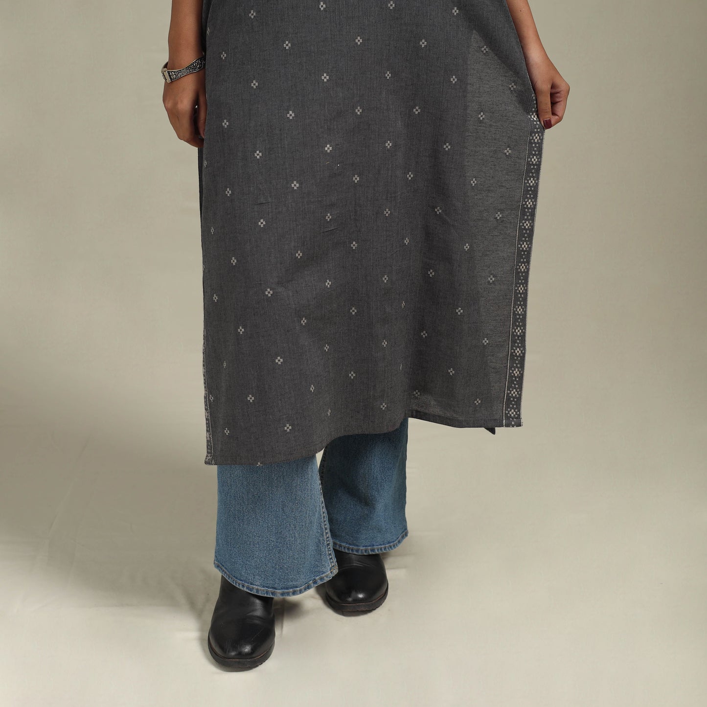 Grey - straight cotton jacquard kurta 06 - handcrafted