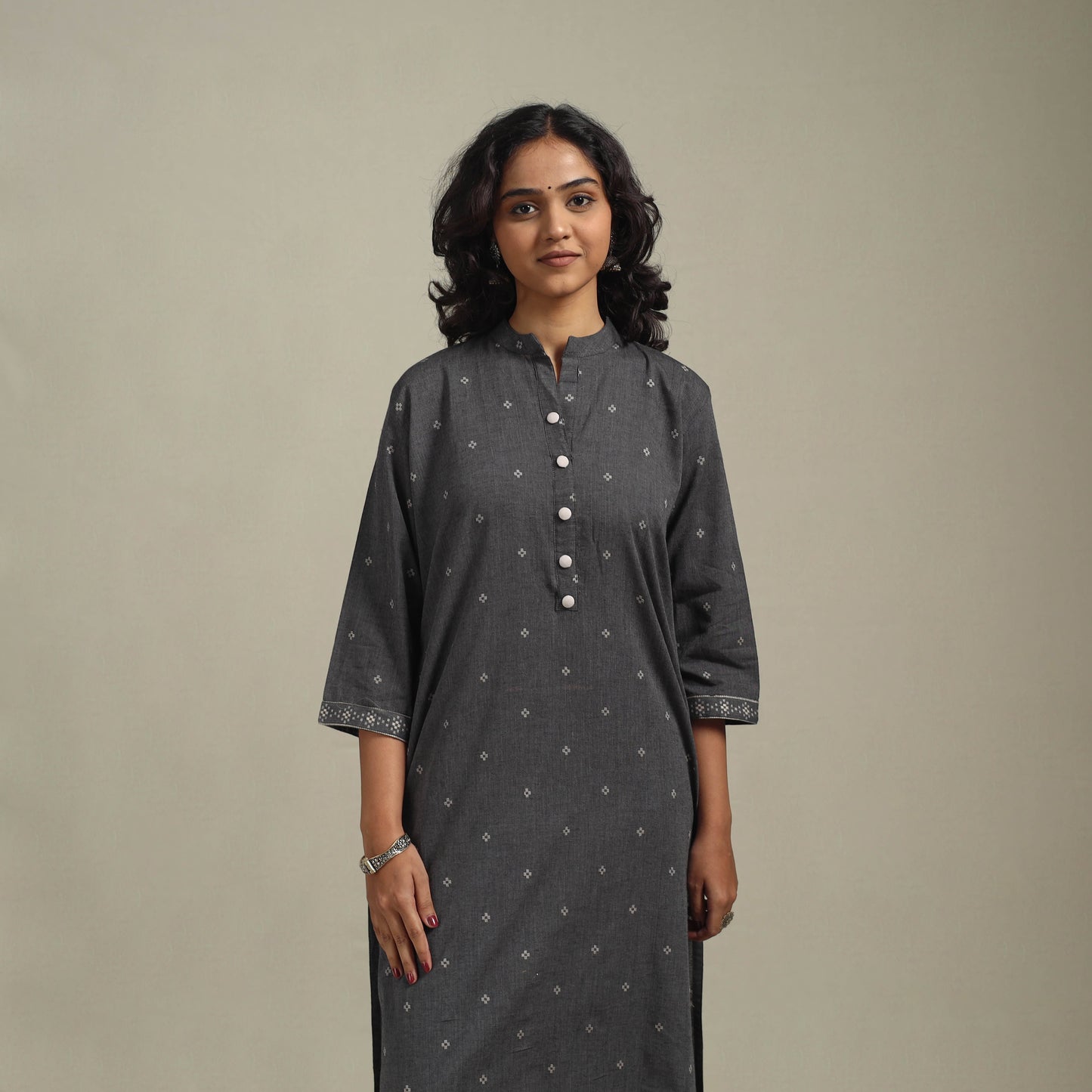 Grey - straight cotton jacquard kurta 06 - handcrafted