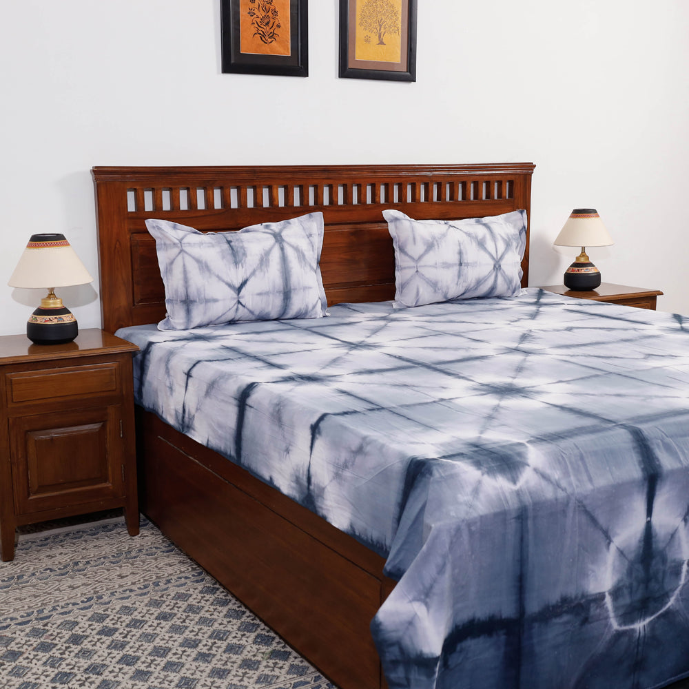 Grey Tie & Dye Cotton Double Shibori Bed Sheet Set