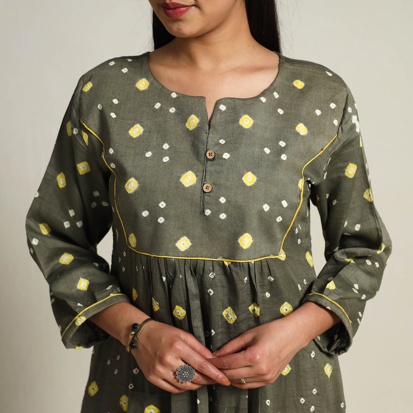 Grey Tie & Dye Cotton Flared Bandhani Dress