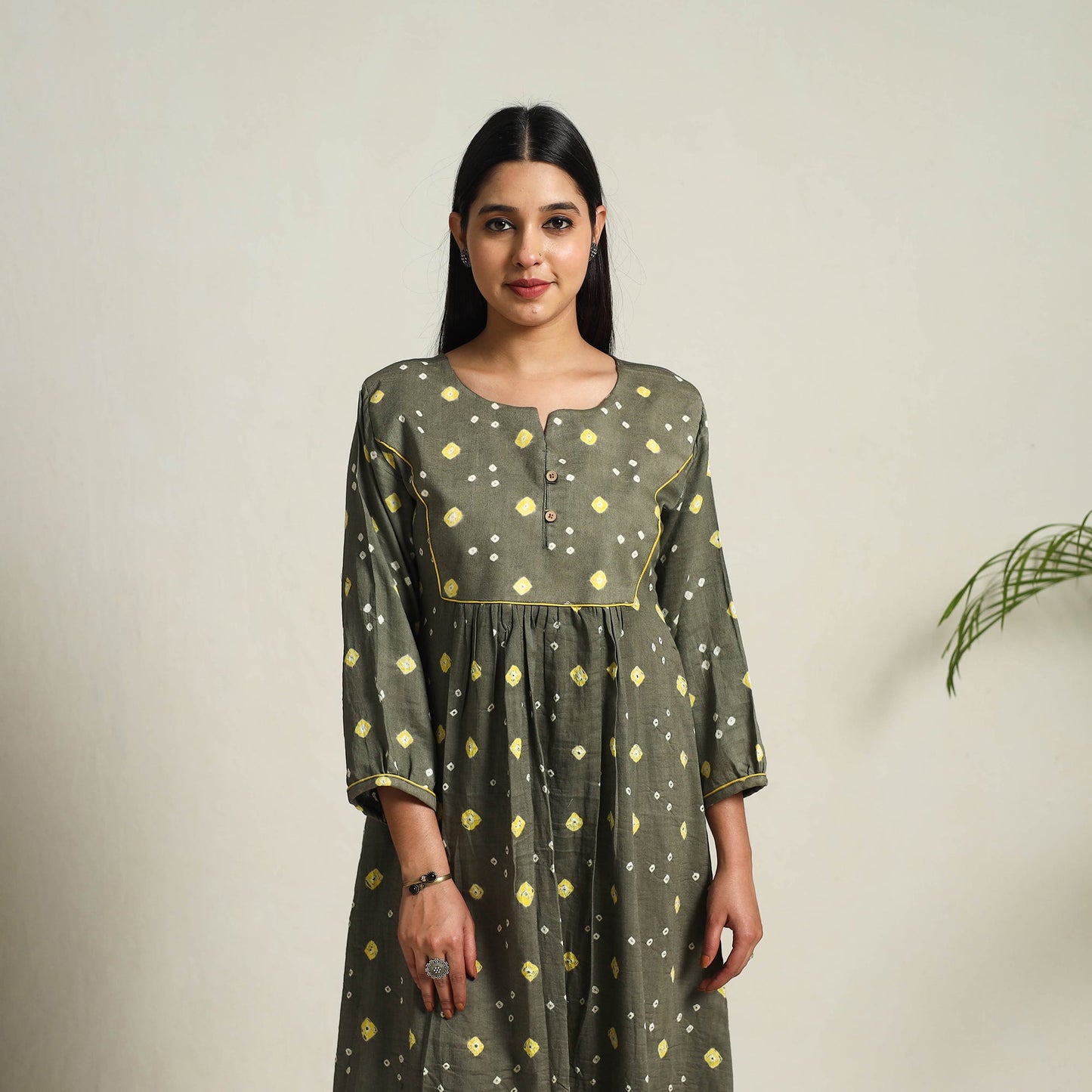 Grey Tie & Dye Cotton Flared Bandhani Dress