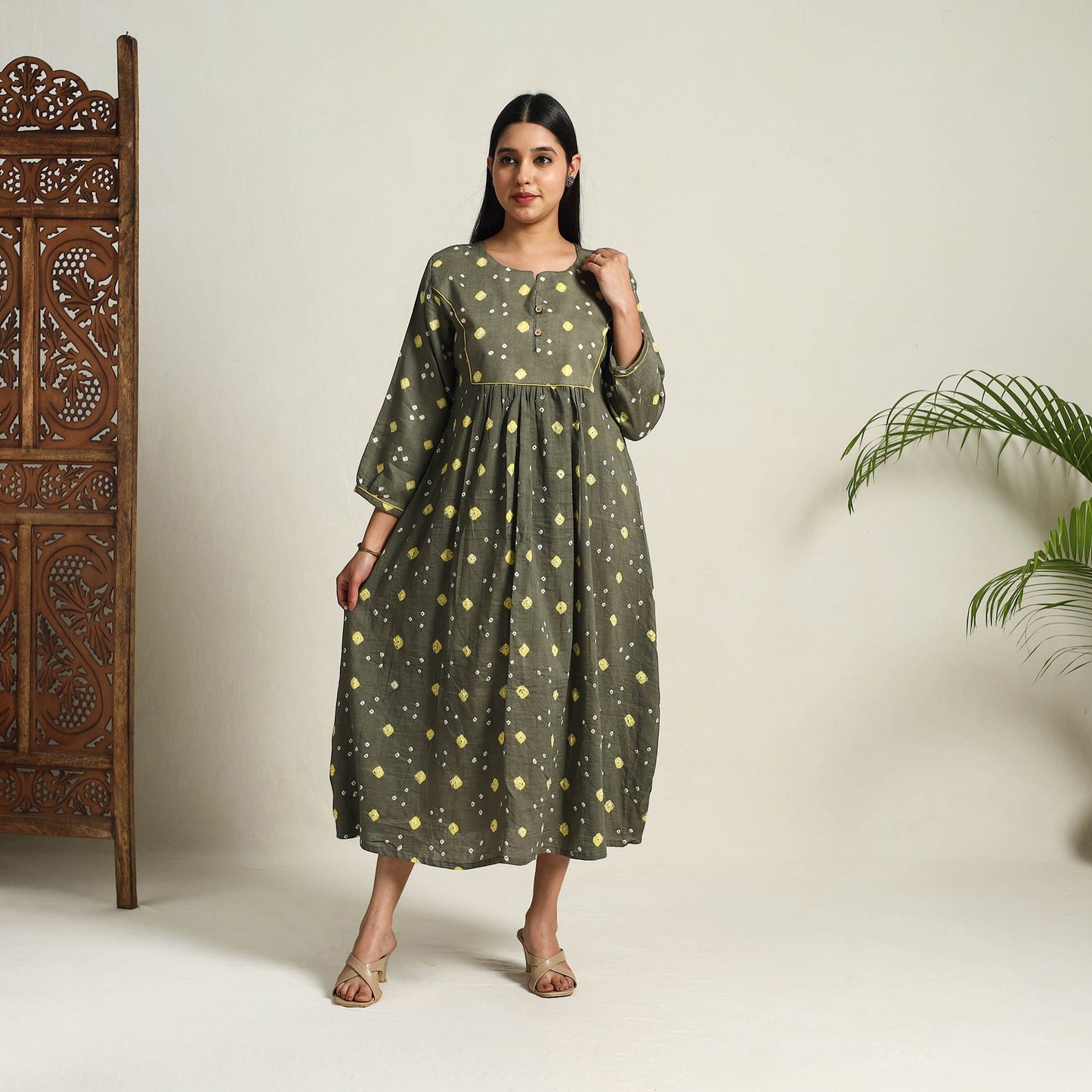 Grey Tie & Dye Cotton Flared Bandhani Dress