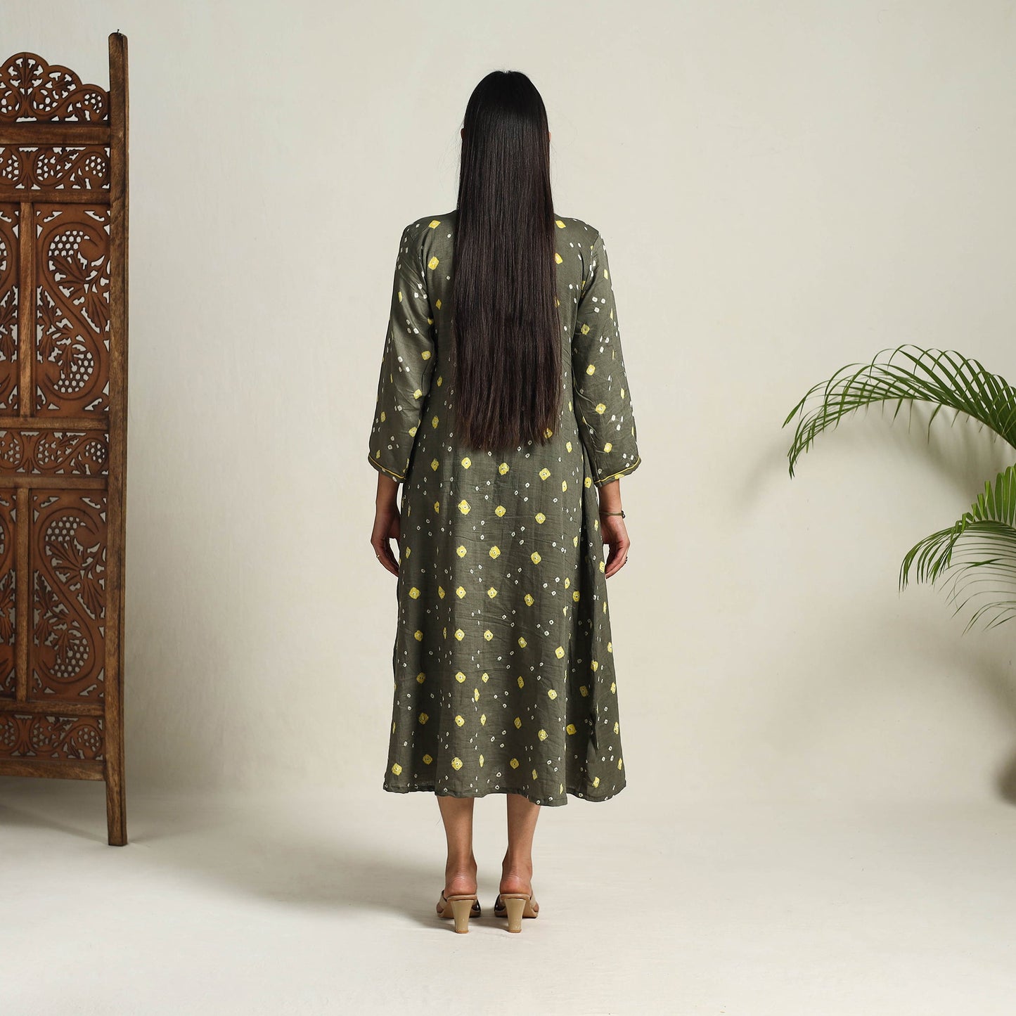 Grey Tie & Dye Cotton Flared Bandhani Dress
