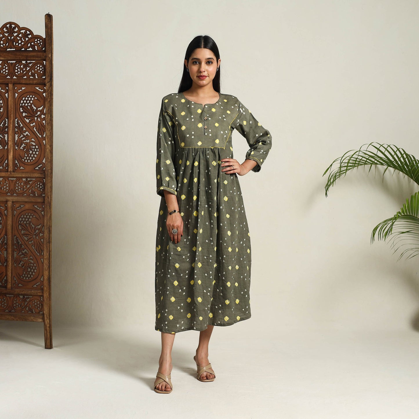 Grey Tie & Dye Cotton Flared Bandhani Dress