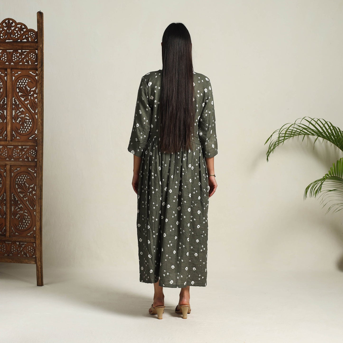 Grey Tie & Dye Cotton Flared Bandhani Dress