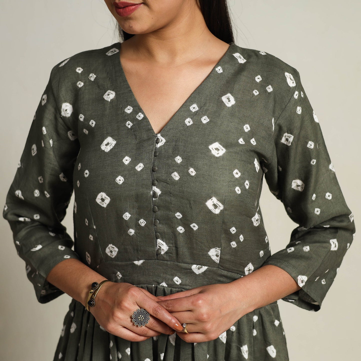 Grey Tie & Dye Cotton Flared Bandhani Dress