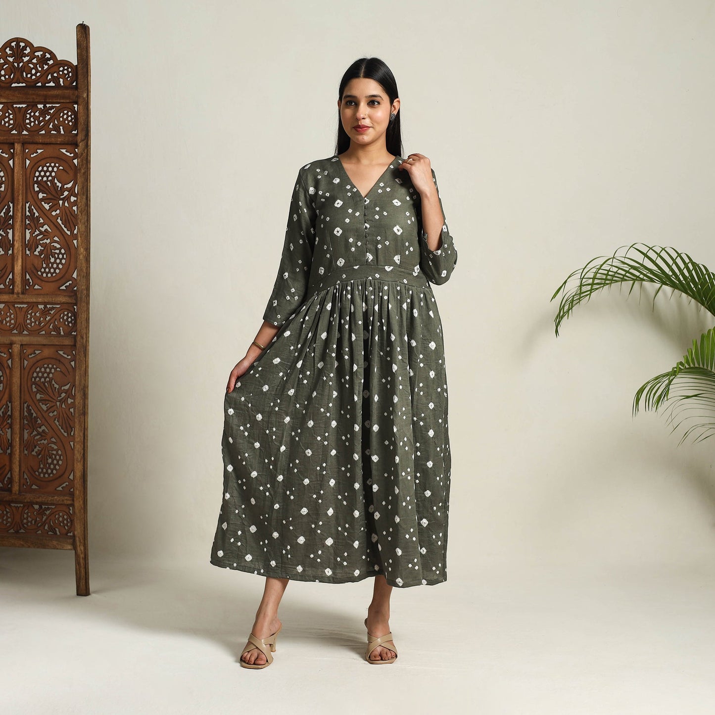 Grey Tie & Dye Cotton Flared Bandhani Dress