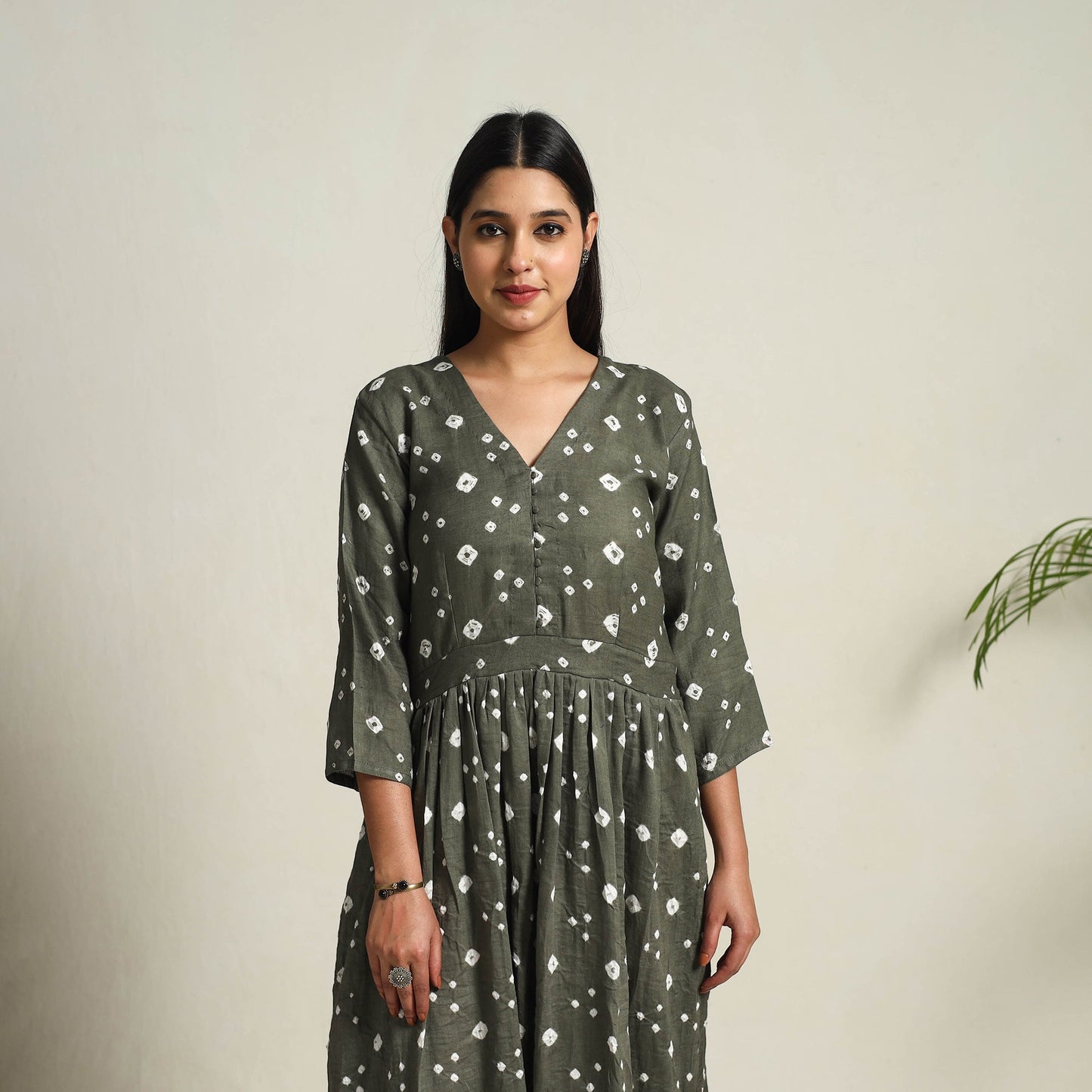 Grey Tie & Dye Cotton Flared Bandhani Dress