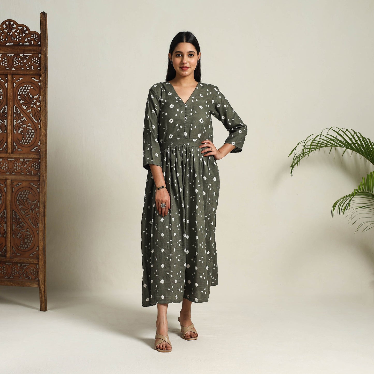 Grey Tie & Dye Cotton Flared Bandhani Dress