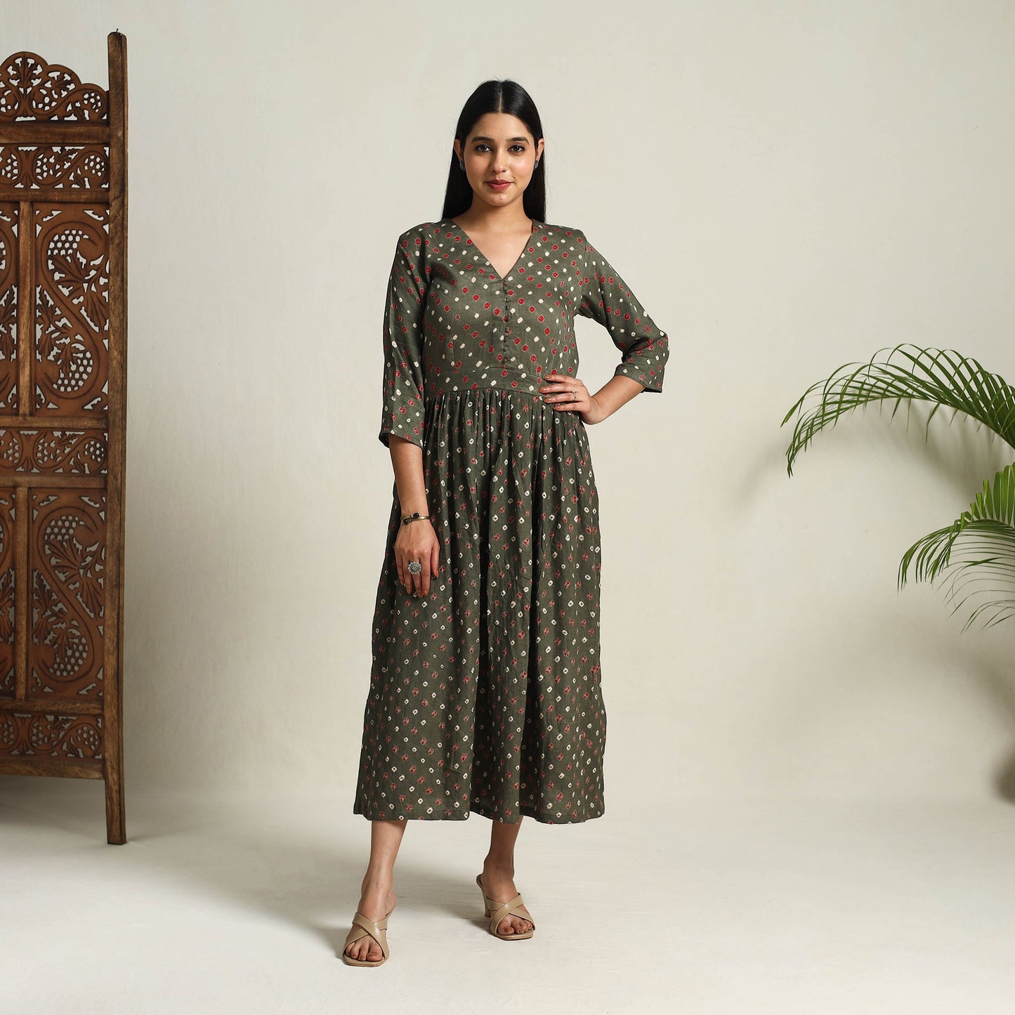 Buy Grey Tie & Dye Cotton Flared Bandhani Dress