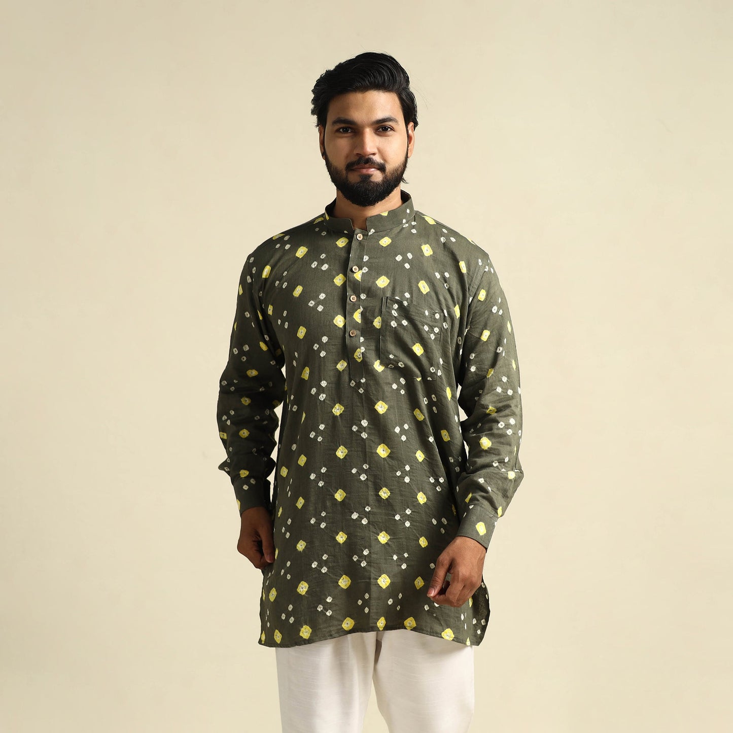 Grey Tie-Dye Cotton Short Bandhani Kurta for Men