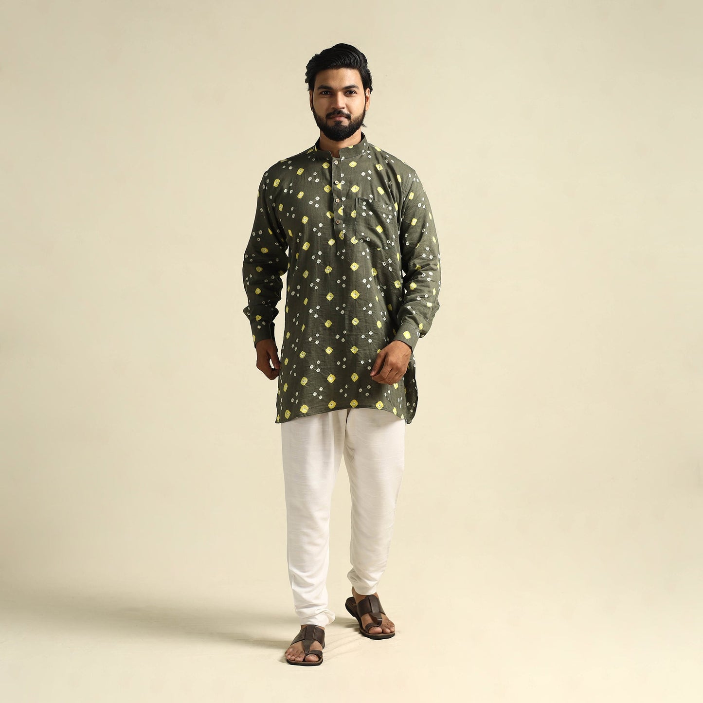 Grey Tie-Dye Cotton Short Bandhani Kurta for Men