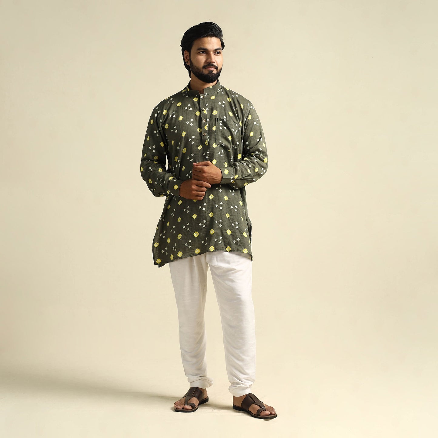 Grey Tie-Dye Cotton Short Bandhani Kurta for Men