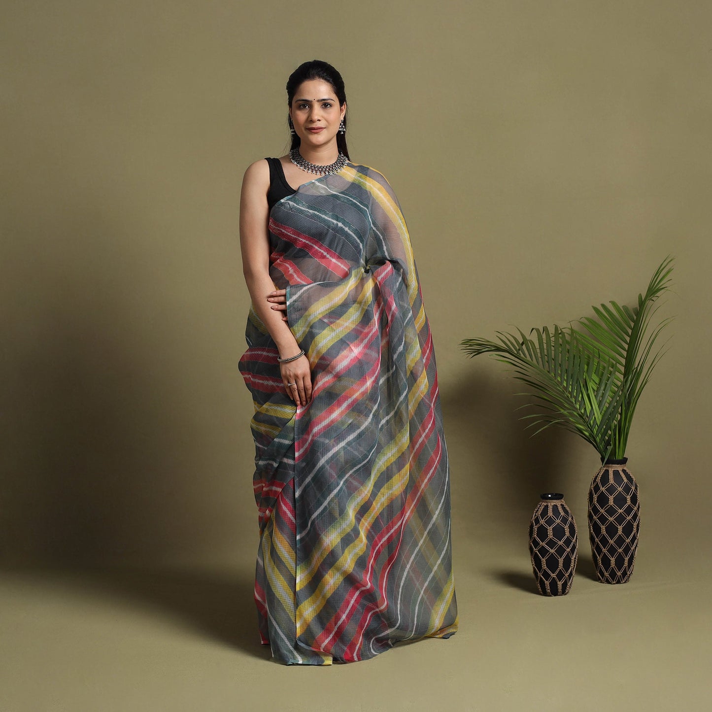 Grey Tie-Dye Kota Doria Cotton Leheriya Saree