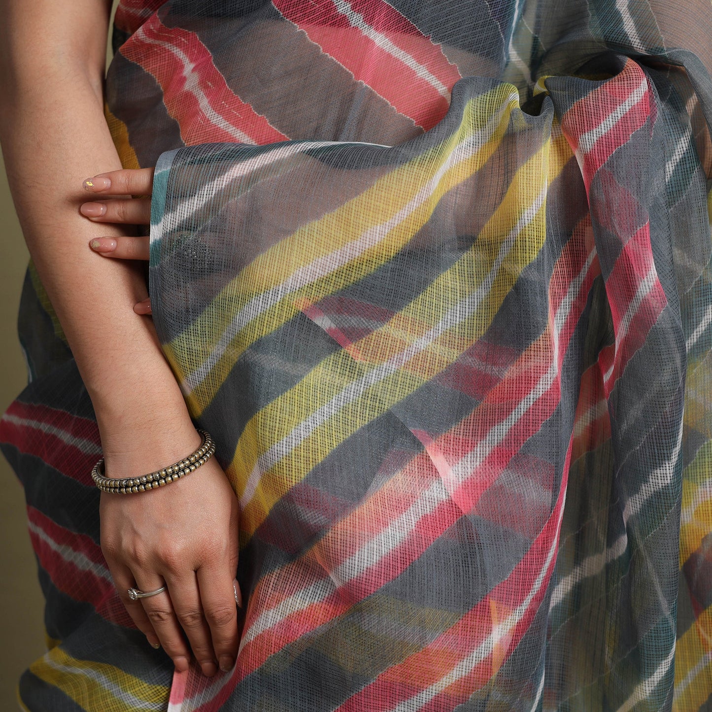 Grey Tie-Dye Kota Doria Cotton Leheriya Saree