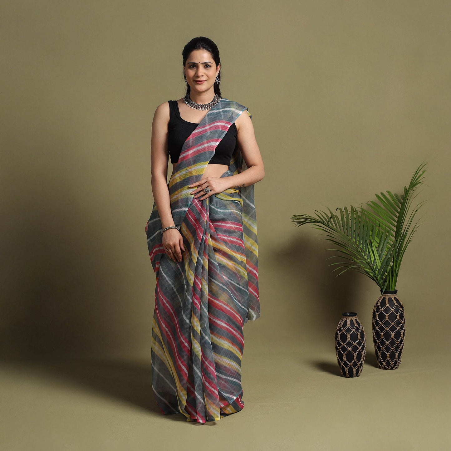 Grey Tie-Dye Kota Doria Cotton Leheriya Saree
