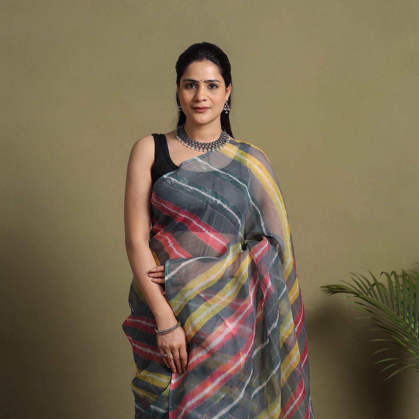 Grey Tie-Dye Kota Doria Cotton Leheriya Saree