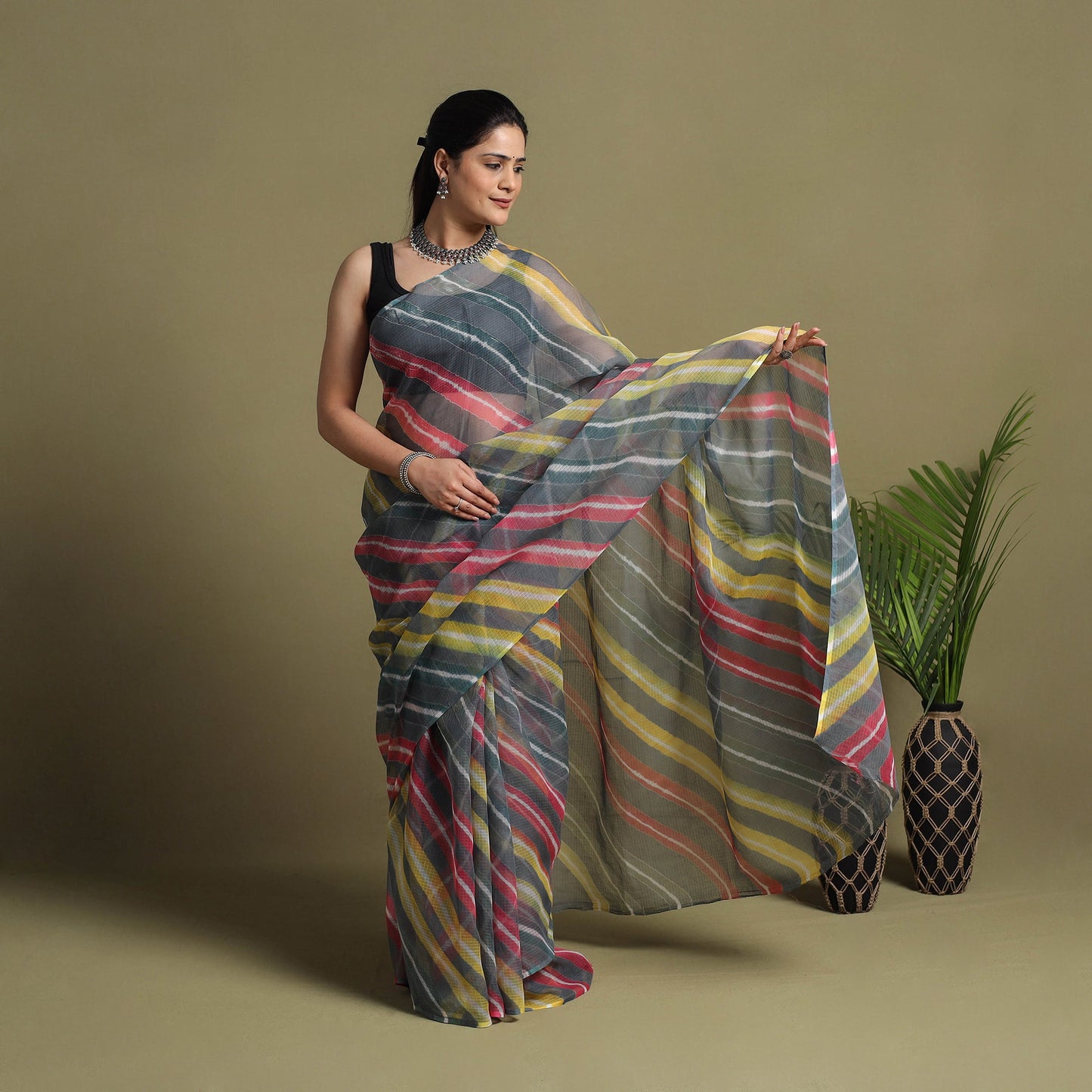 Grey Tie-Dye Kota Doria Cotton Leheriya Saree