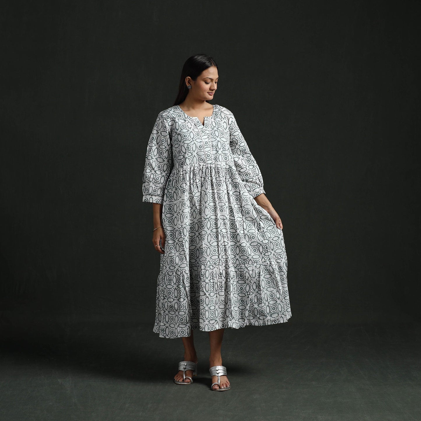 Tiered flared lace work cotton hand block batik print dress