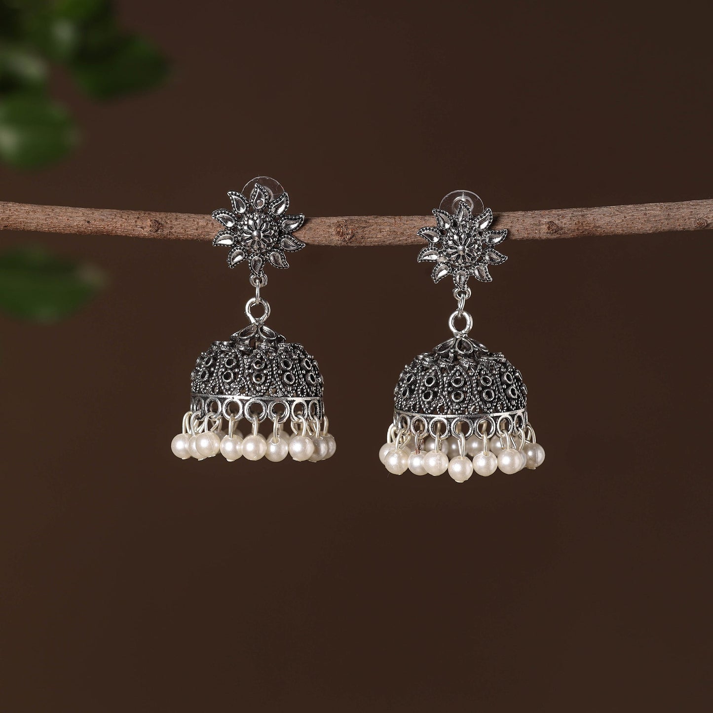 Vedika German Silver Beaded Jhumki Earrings