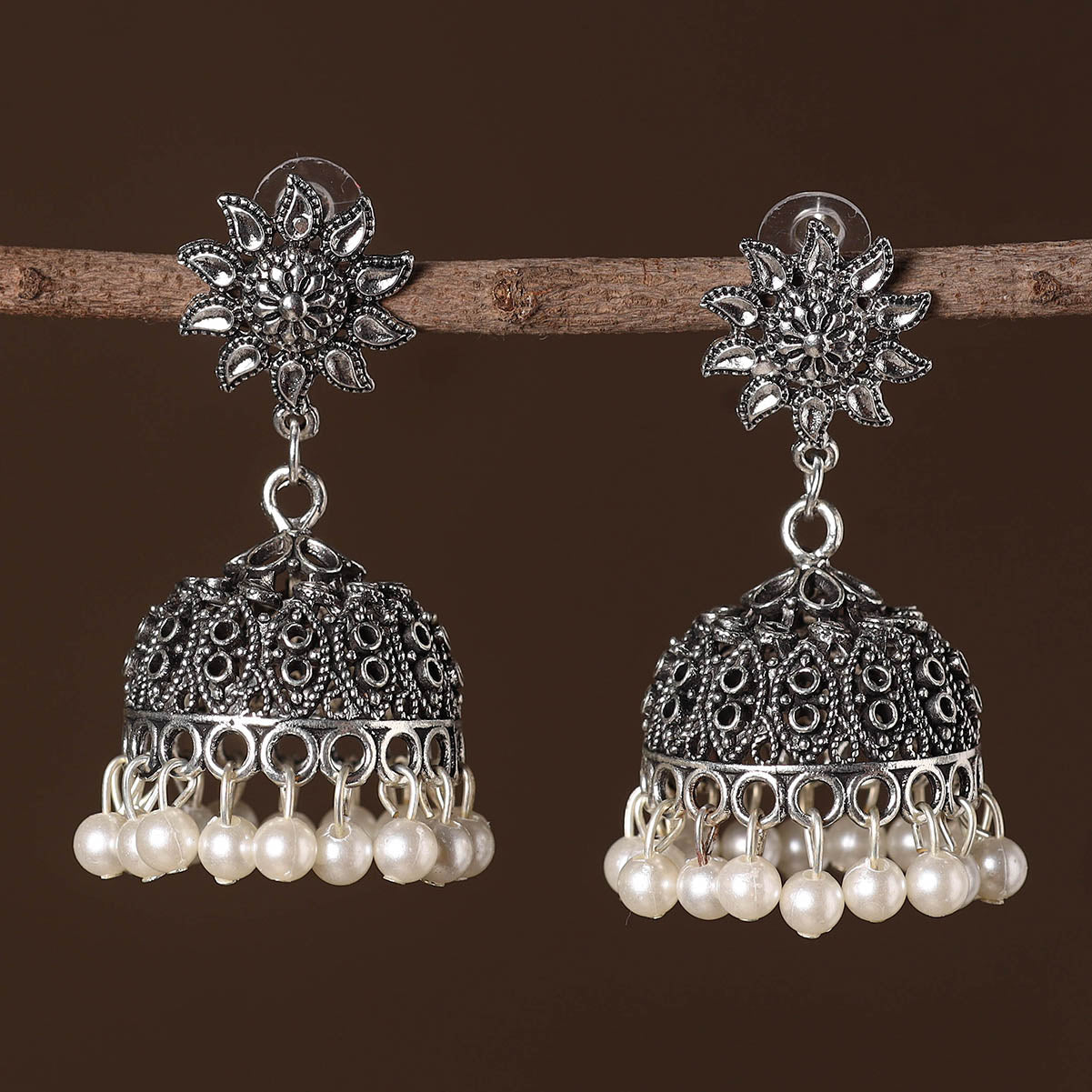 Vedika German Silver Beaded Jhumki Earrings