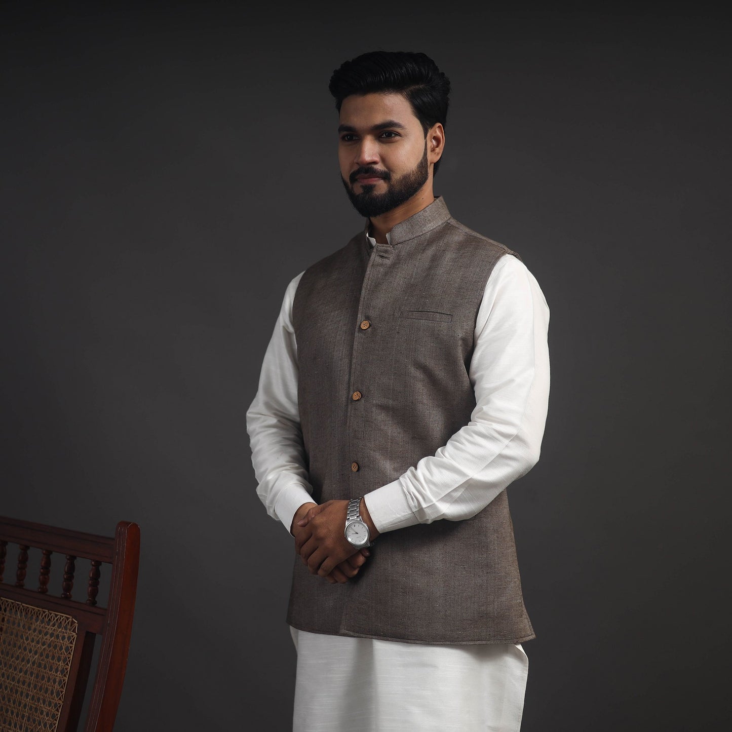 Grey Vidarbha Tussar x Katia Silk Handloom Nehru Jacket