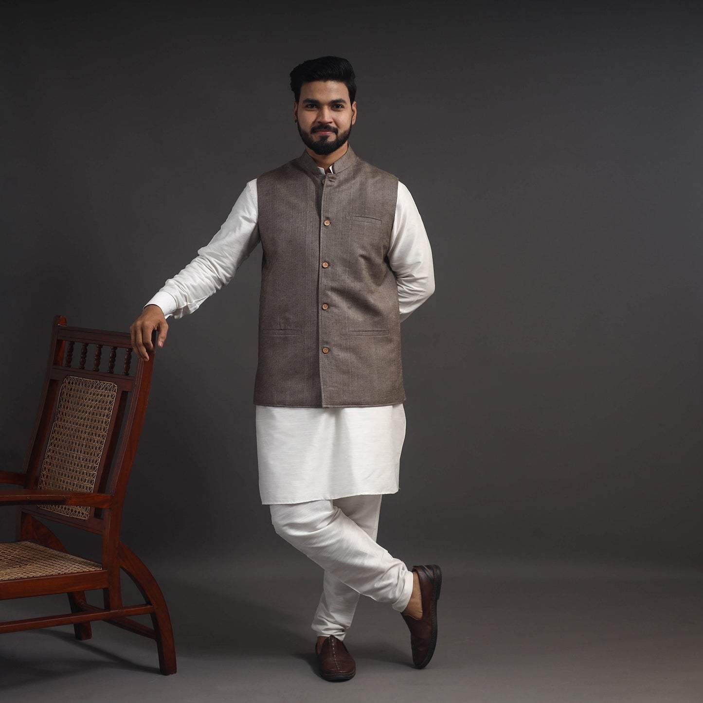 Grey Vidarbha Tussar x Katia Silk Handloom Nehru Jacket