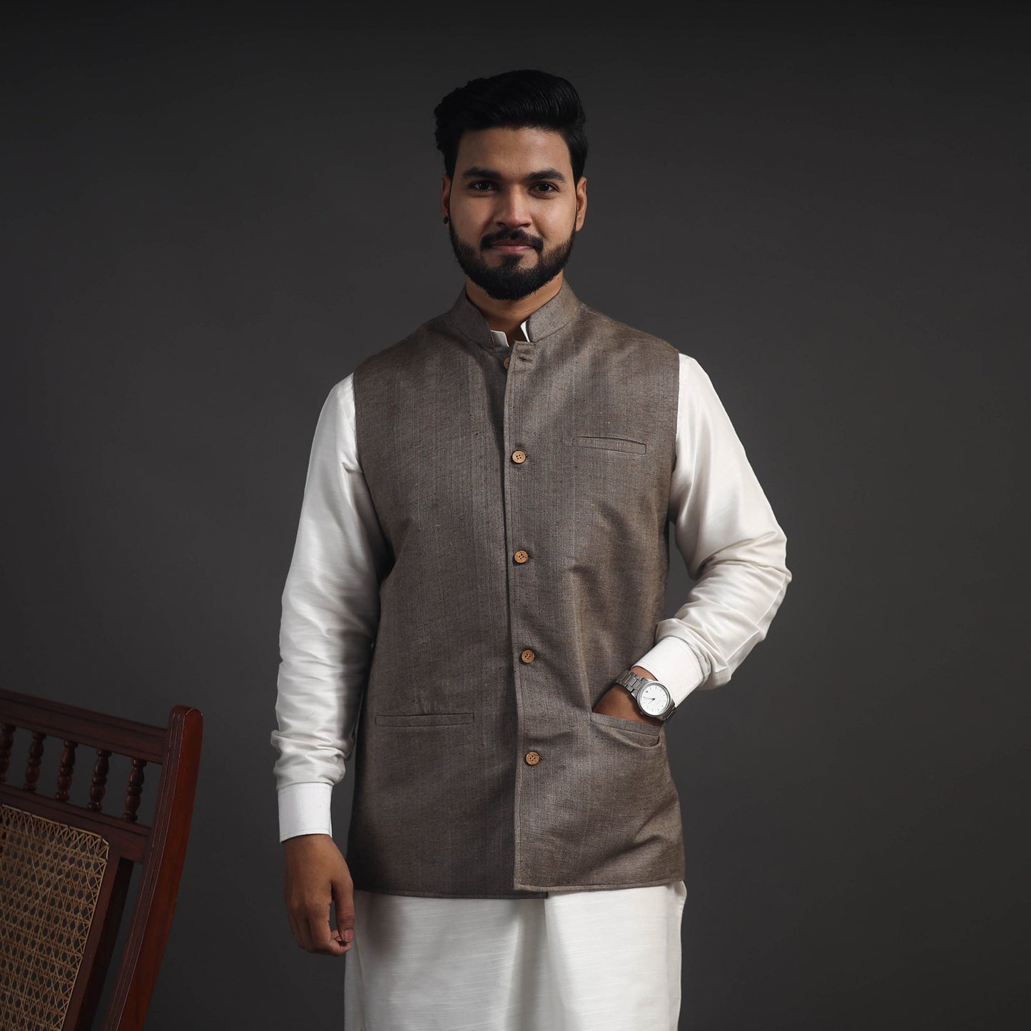 Grey Vidarbha Tussar x Katia Silk Handloom Nehru Jacket