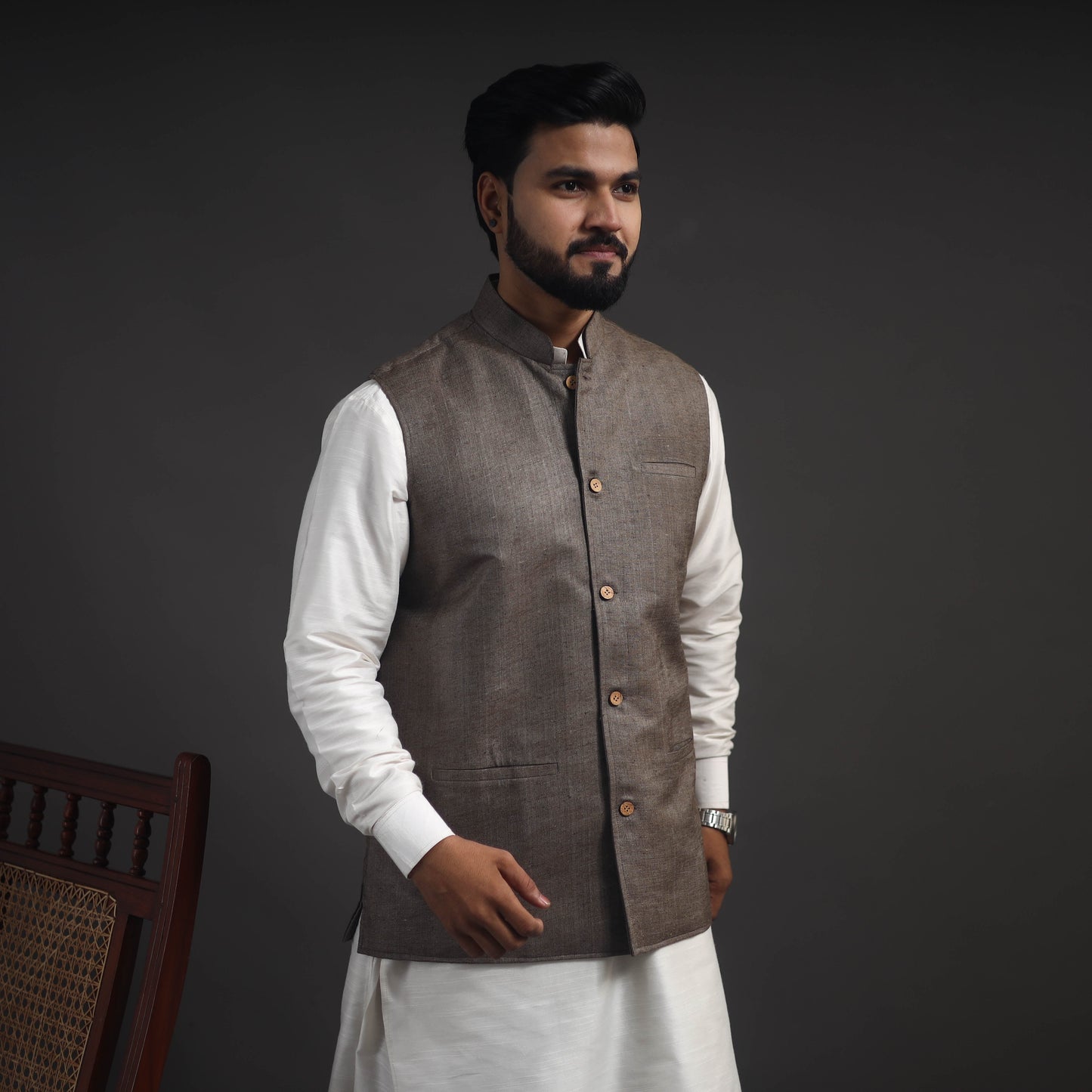 Grey Vidarbha Tussar x Katia Silk Handloom Nehru Jacket