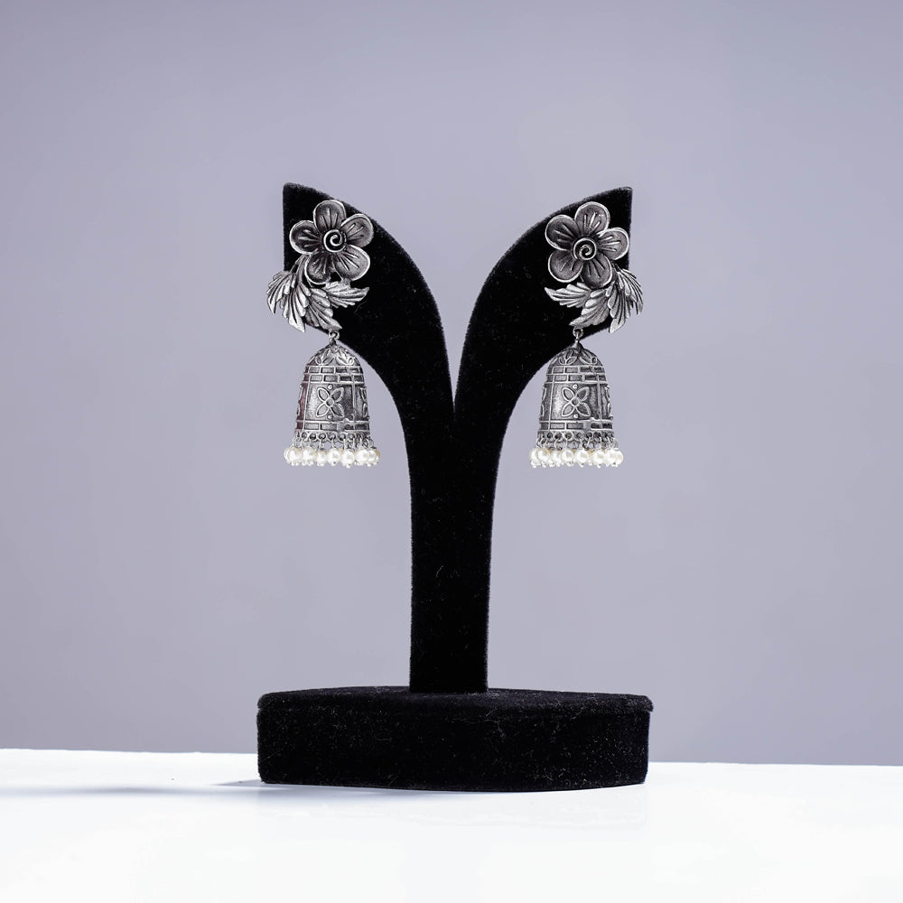 Antique Silver Finish Oxidised Brass Base Jhumki Earrings