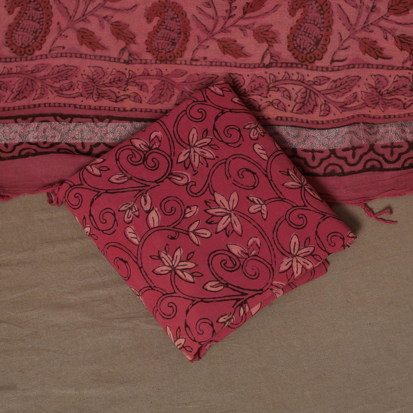 Hand block bagru print linen 3pc unstitched dress material