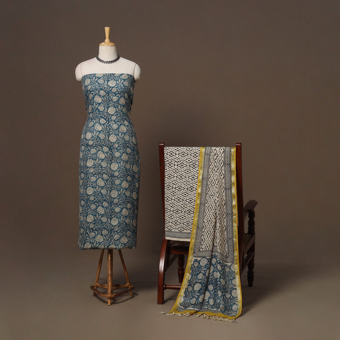 Hand block bagru print linen 3pc unstitched dress material