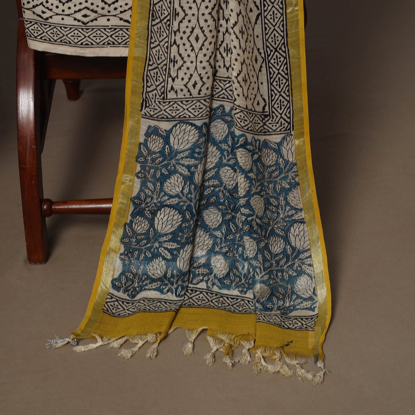 Hand block bagru print linen 3pc unstitched dress material